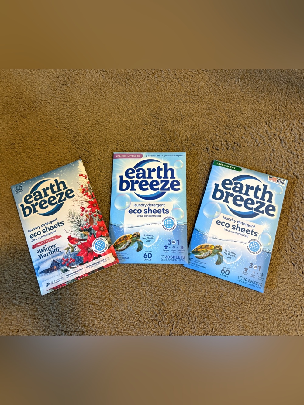 Pack of 3 Earth Breeze Eco Detergent Sheets- New with Tags- Made in the USA